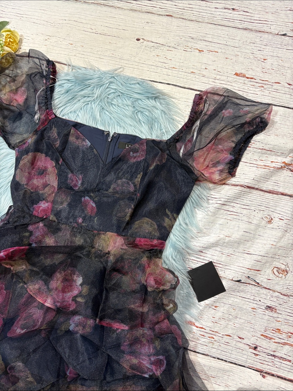 NWT Lulus Oh-So Stunning Navy Blue Floral Organza Tiered Midi Dress - Picture 8 of 9